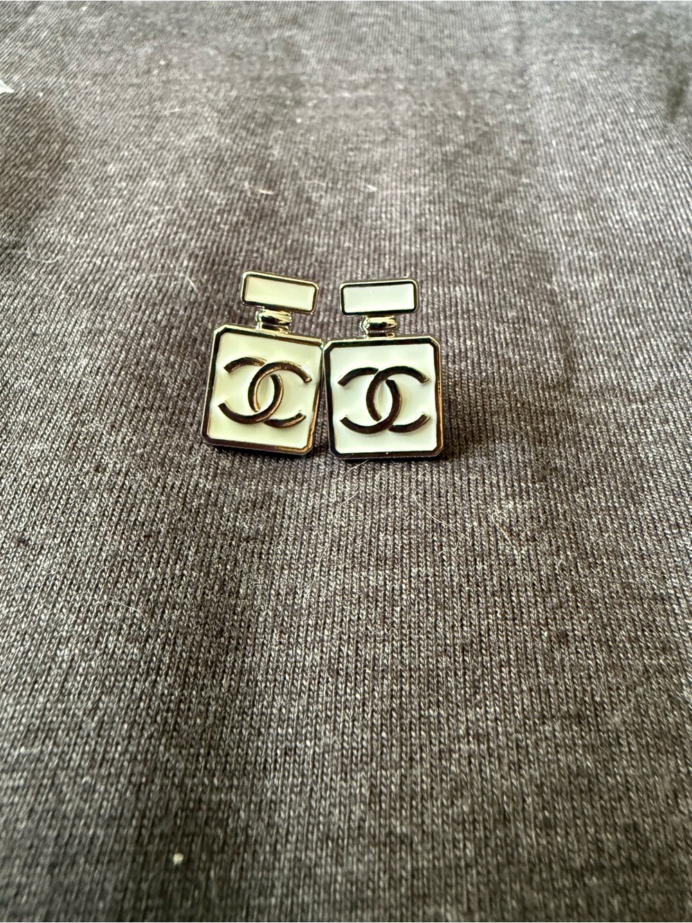 Gold Tone White Enamel CC Square Drop Stud Earrings